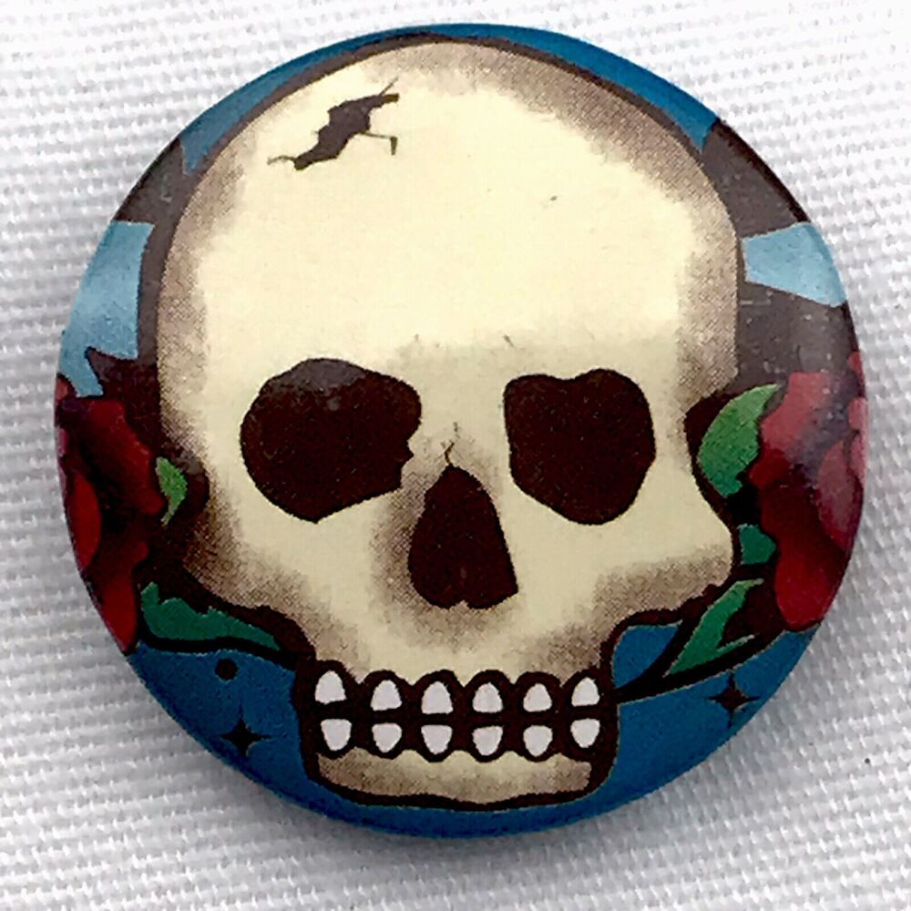 Skull Roses Pin Button Vintage Pinback